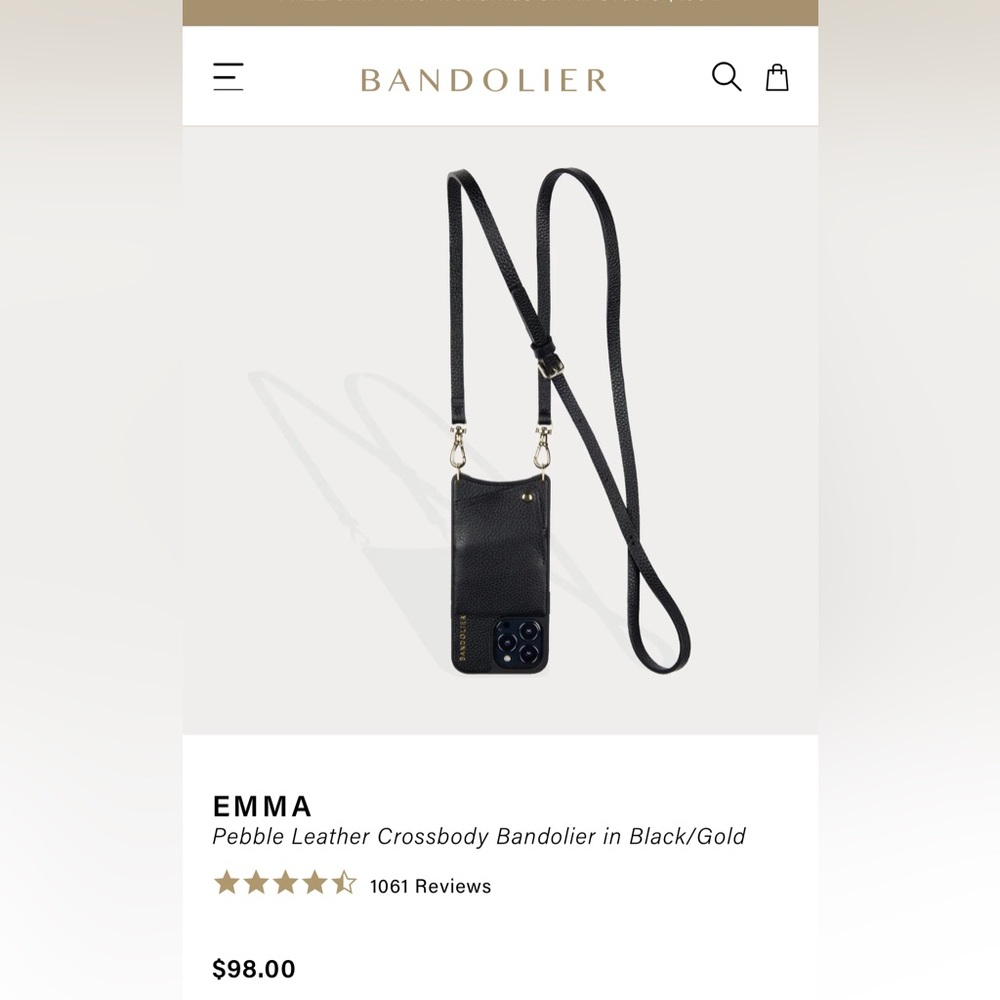 Bandolier EMMA Pebble Leather Crossbody in Black/Gold for iPhone 12 ProMax NWT